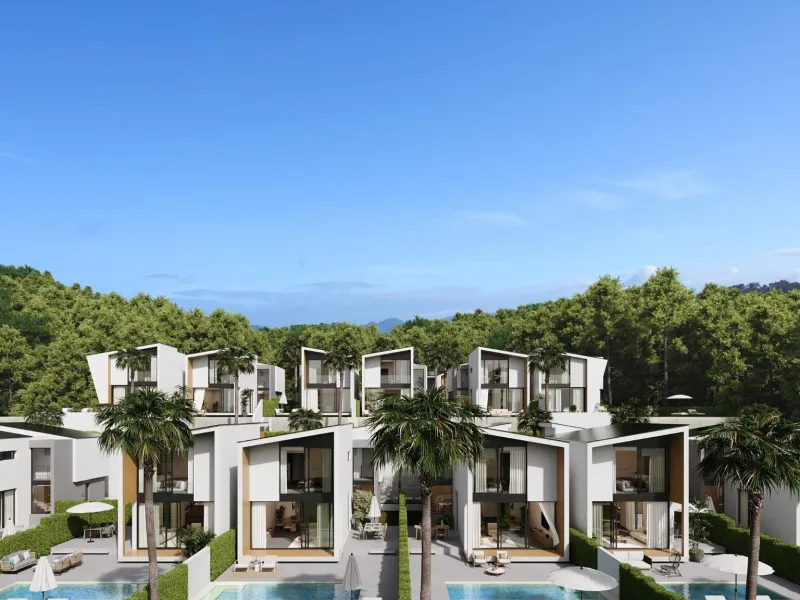 NEW BUILD VILLAS WITH SEA VIEWS IN LA CALA DE MIJAS& & Starting from the traditional silhouette of a house, the primordial pentagon, the design team has evolved these geometric lines to create a symbiosis with the existing vegetation, establishing a