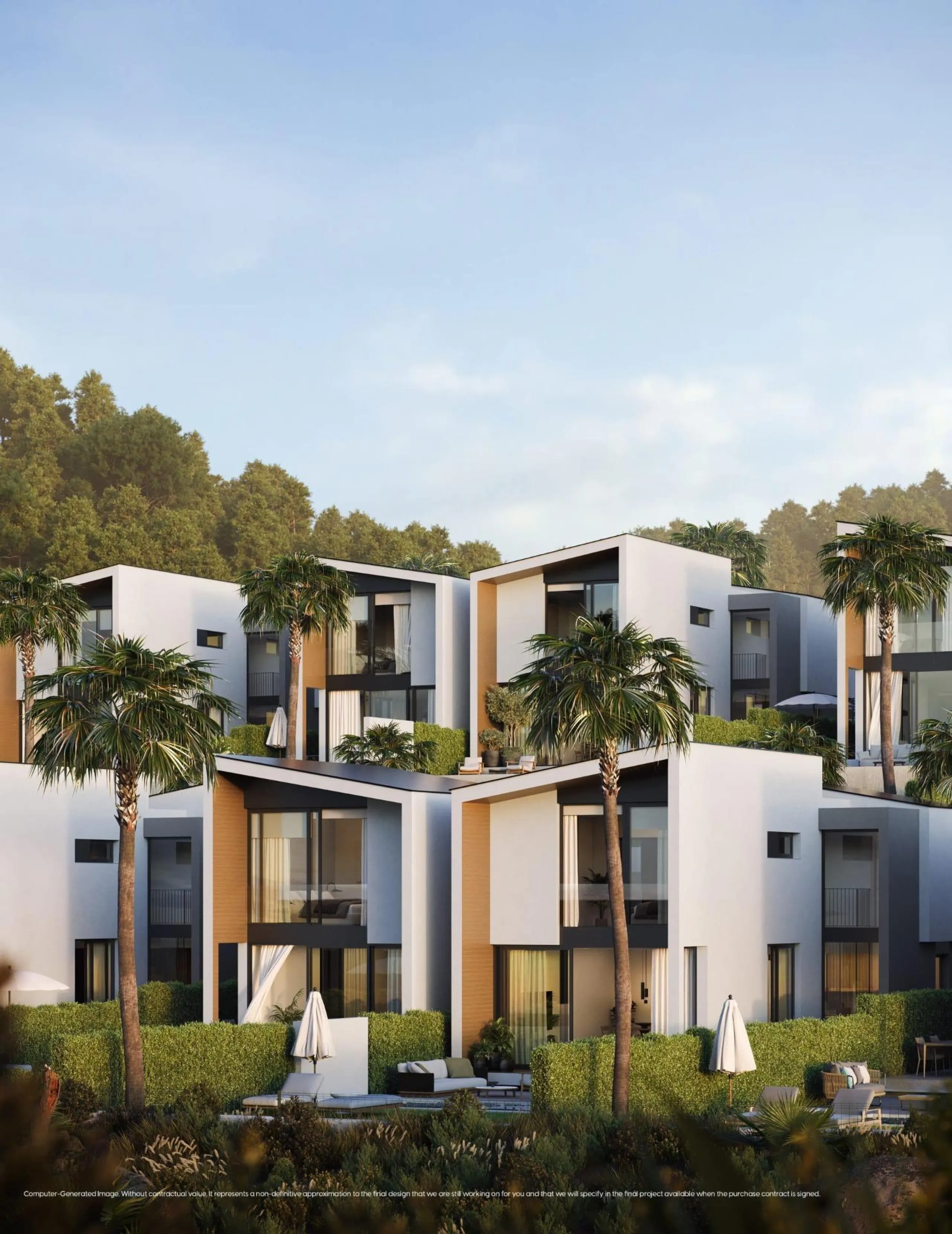 NEW BUILD VILLAS WITH SEA VIEWS IN LA CALA DE MIJAS& & Starting from the traditional silhouette of a house, the primordial pentagon, the design team has evolved these geometric lines to create a symbiosis with the existing vegetation, establishing a