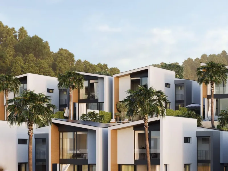 NEW BUILD VILLAS WITH SEA VIEWS IN LA CALA DE MIJAS& & Starting from the traditional silhouette of a house, the primordial pentagon, the design team has evolved these geometric lines to create a symbiosis with the existing vegetation, establishing a