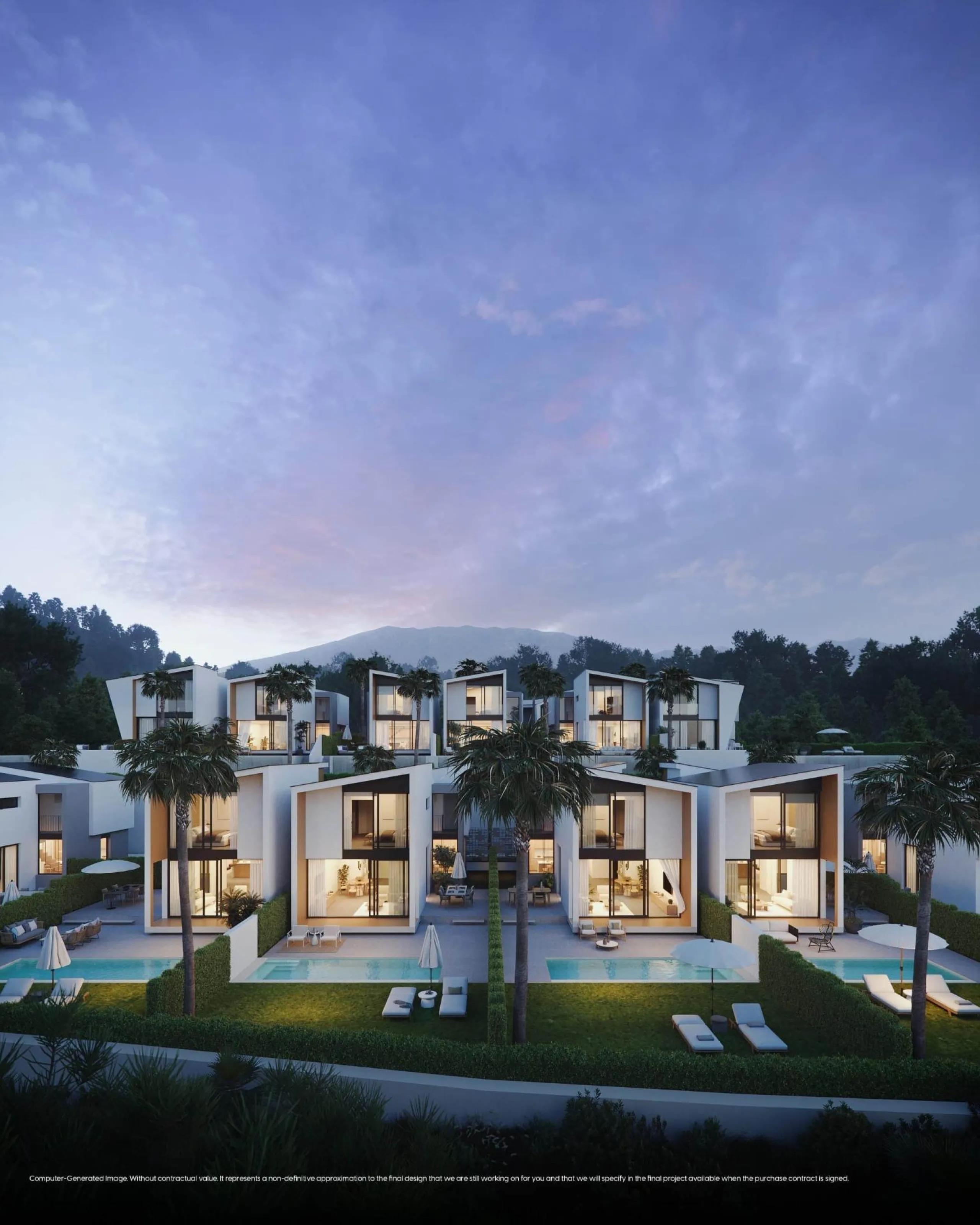 NEW BUILD VILLAS WITH SEA VIEWS IN LA CALA DE MIJAS& & Starting from the traditional silhouette of a house, the primordial pentagon, the design team has evolved these geometric lines to create a symbiosis with the existing vegetation, establishing a