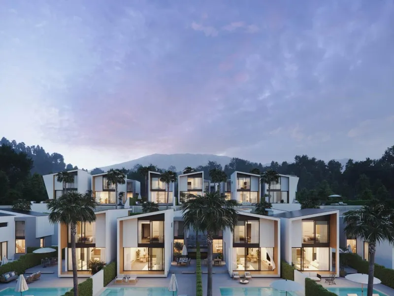 NEW BUILD VILLAS WITH SEA VIEWS IN LA CALA DE MIJAS& & Starting from the traditional silhouette of a house, the primordial pentagon, the design team has evolved these geometric lines to create a symbiosis with the existing vegetation, establishing a
