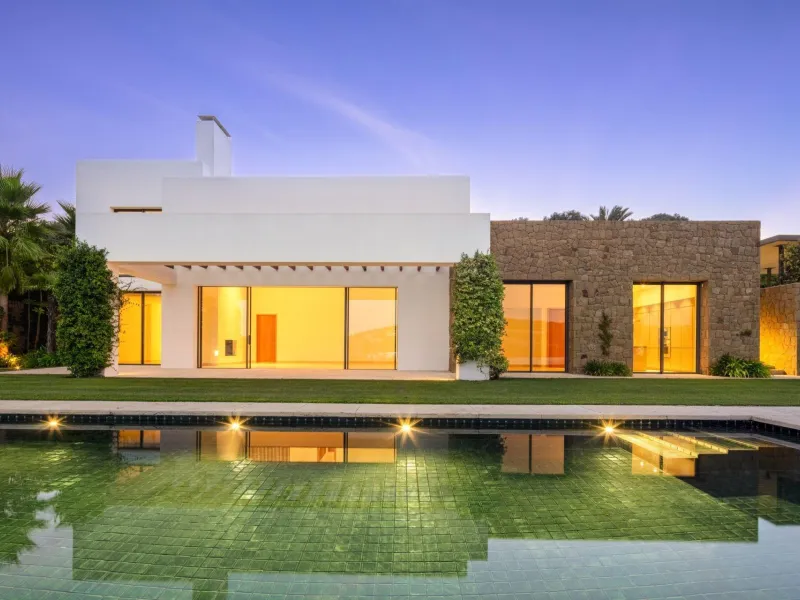 NEW BUILD EXCLUSIVE LUXURY VILLA AT FINCA CORTESÍN, CASARES& & Nestled within the enclave in the Finca Cortesin resort, this New Build villa exudes the charm of Ibiza-style residences. & The white structure, adorned with traditional Mediterranean