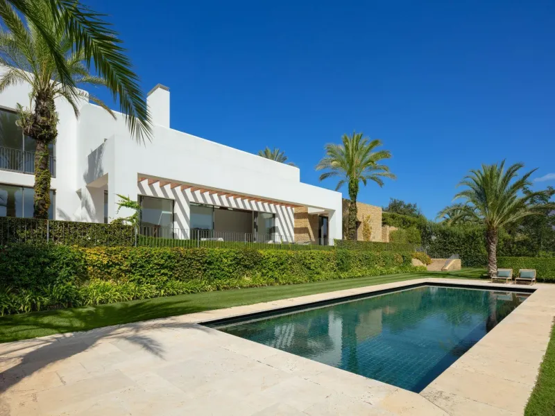 NEW BUILD EXCLUSIVE LUXURY VILLA AT FINCA CORTESÍN, CASARES& & Nestled within the enclave in the Finca Cortesin resort, this New Build villa exudes the charm of Ibiza-style residences. & The white structure, adorned with traditional Mediterranean