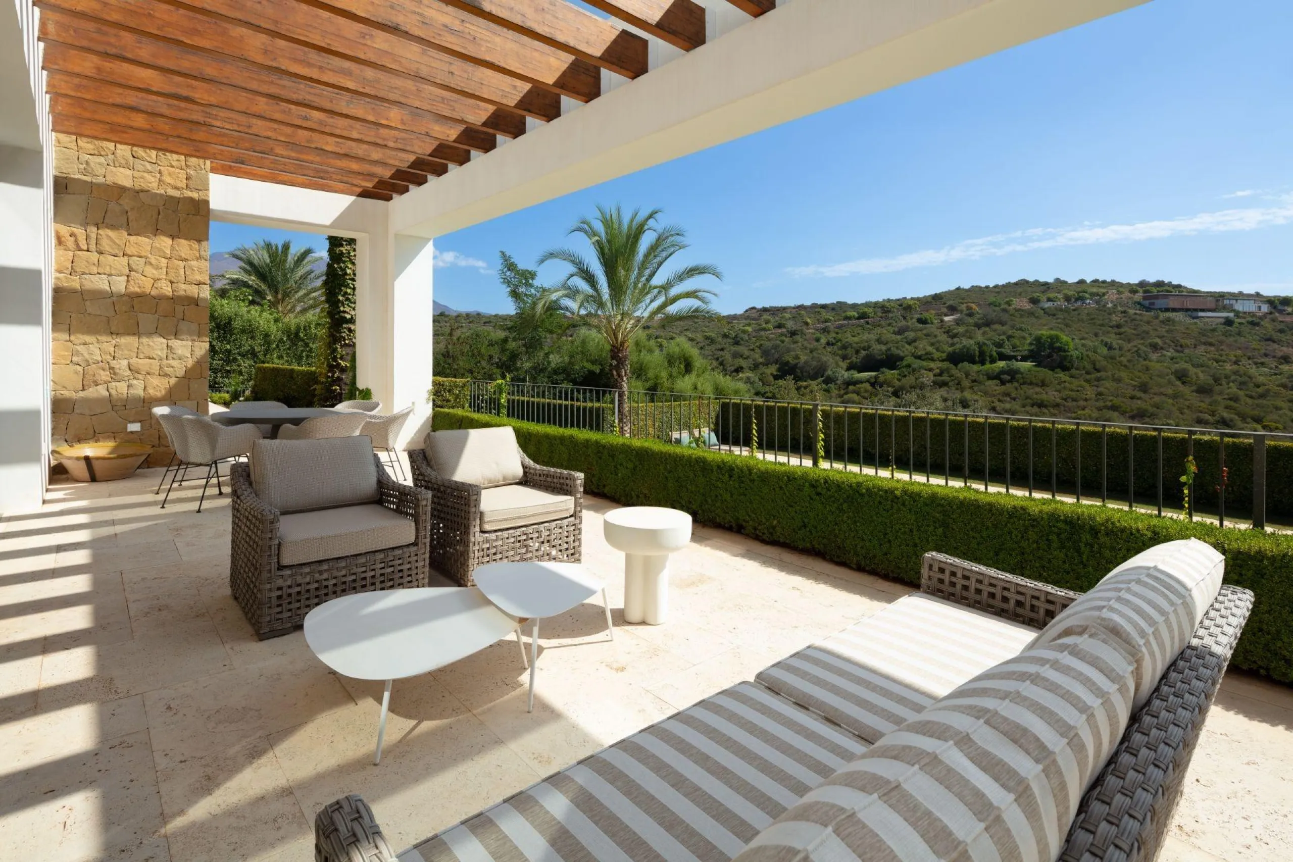 NEW BUILD EXCLUSIVE LUXURY VILLA AT FINCA CORTESÍN, CASARES& & Nestled within the enclave in the Finca Cortesin resort, this New Build villa exudes the charm of Ibiza-style residences. & The white structure, adorned with traditional Mediterranean