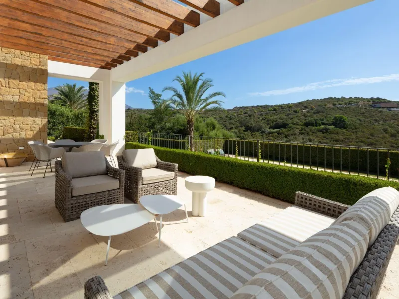 NEW BUILD EXCLUSIVE LUXURY VILLA AT FINCA CORTESÍN, CASARES& & Nestled within the enclave in the Finca Cortesin resort, this New Build villa exudes the charm of Ibiza-style residences. & The white structure, adorned with traditional Mediterranean