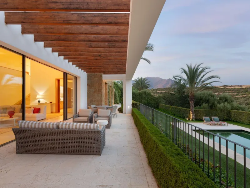 NEW BUILD EXCLUSIVE LUXURY VILLA AT FINCA CORTESÍN, CASARES& & Nestled within the enclave in the Finca Cortesin resort, this New Build villa exudes the charm of Ibiza-style residences. & The white structure, adorned with traditional Mediterranean
