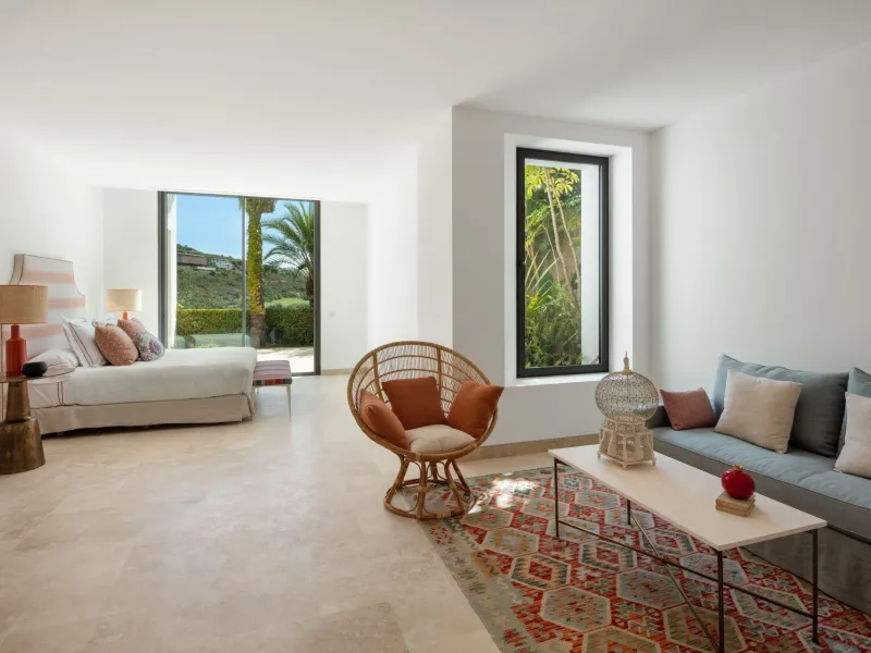 NEW BUILD EXCLUSIVE LUXURY VILLA AT FINCA CORTESÍN, CASARES& & Nestled within the enclave in the Finca Cortesin resort, this New Build villa exudes the charm of Ibiza-style residences. & The white structure, adorned with traditional Mediterranean