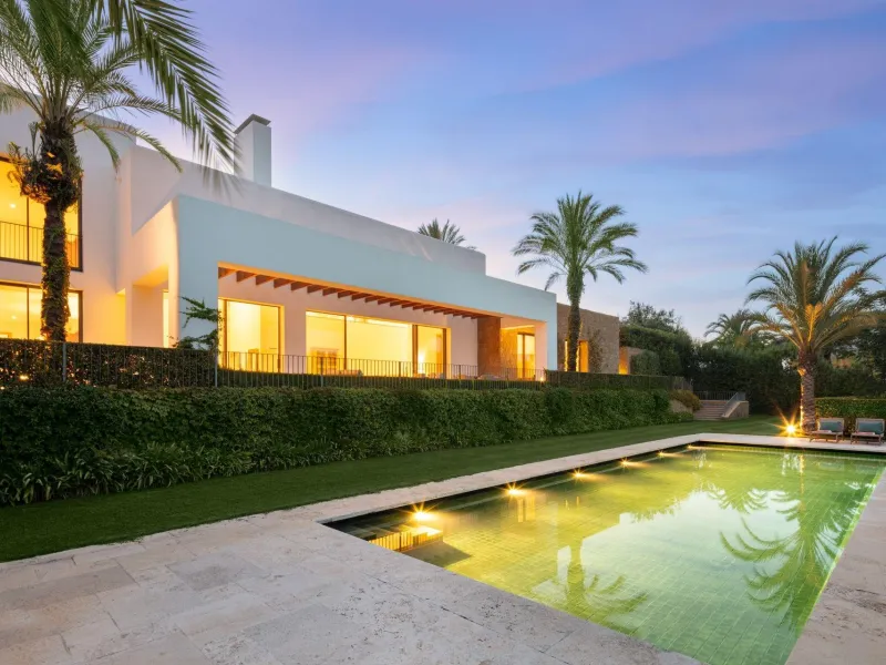 NEW BUILD EXCLUSIVE LUXURY VILLA AT FINCA CORTESÍN, CASARES& & Nestled within the enclave in the Finca Cortesin resort, this New Build villa exudes the charm of Ibiza-style residences. & The white structure, adorned with traditional Mediterranean
