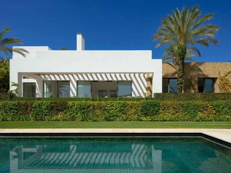 NEW BUILD EXCLUSIVE LUXURY VILLA AT FINCA CORTESÍN, CASARES& & Nestled within the enclave in the Finca Cortesin resort, this New Build villa exudes the charm of Ibiza-style residences. & The white structure, adorned with traditional Mediterranean