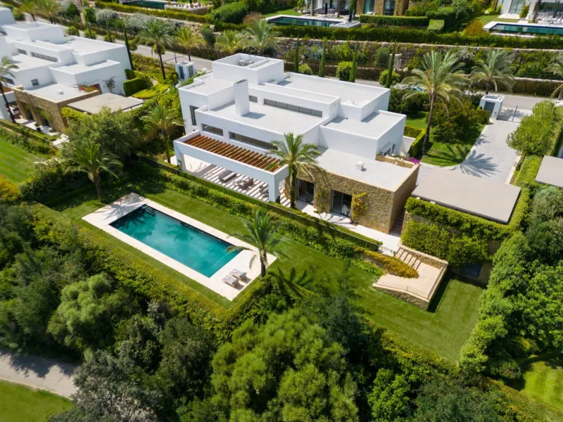NEW BUILD EXCLUSIVE LUXURY VILLA AT FINCA CORTESÍN, CASARES& & Nestled within the enclave in the Finca Cortesin resort, this New Build villa exudes the charm of Ibiza-style residences. & The white structure, adorned with traditional Mediterranean