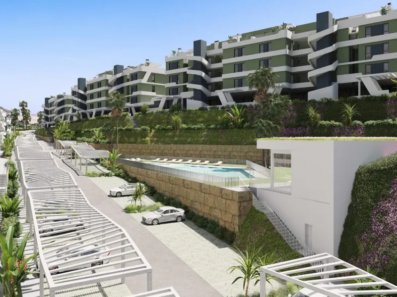 Fully fenced residential complex consisting of 6 buildings, with a total of 108 flats and penthouses of 2 and 3 bedrooms, half of them with views of the golf course and the Mijas mountain range, and the other half with incredible panoramic sea views, so y