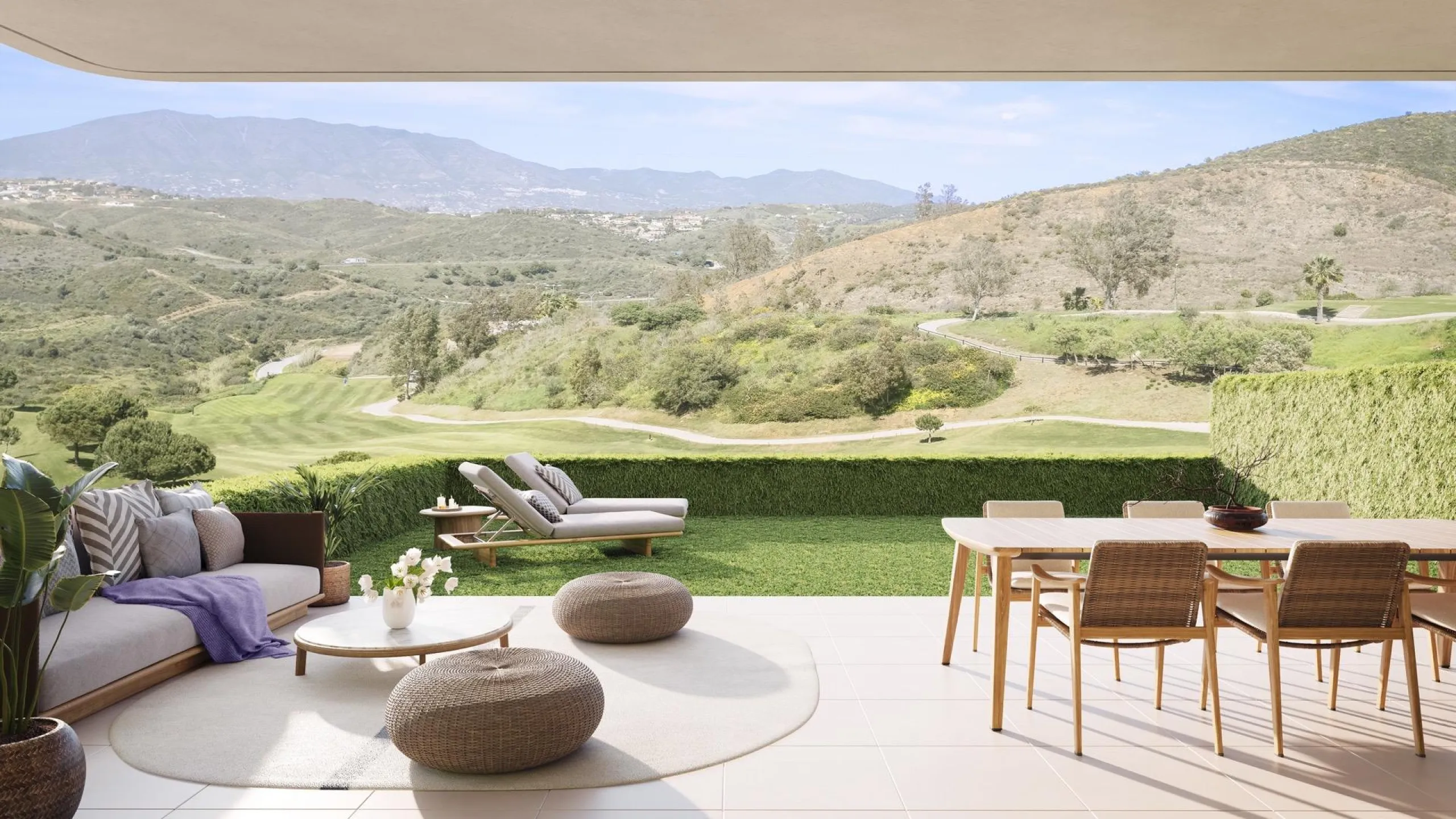 Fully fenced residential complex consisting of 6 buildings, with a total of 108 flats and penthouses of 2 and 3 bedrooms, half of them with views of the golf course and the Mijas mountain range, and the other half with incredible panoramic sea views, so y
