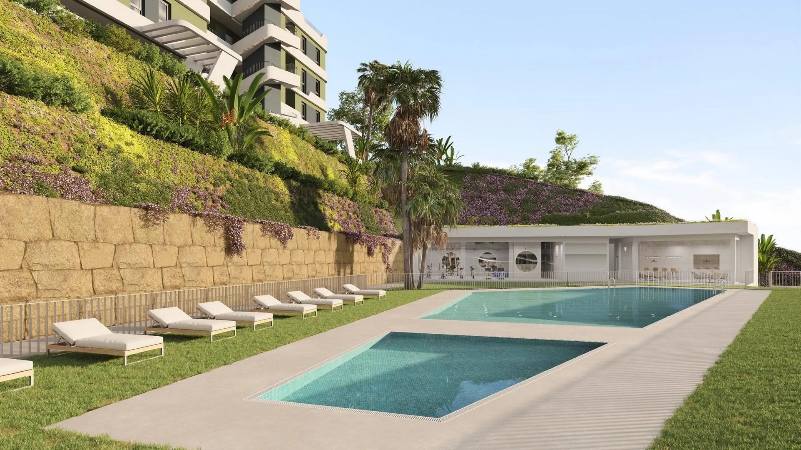 Fully fenced residential complex consisting of 6 buildings, with a total of 108 flats and penthouses of 2 and 3 bedrooms, half of them with views of the golf course and the Mijas mountain range, and the other half with incredible panoramic sea views, so y
