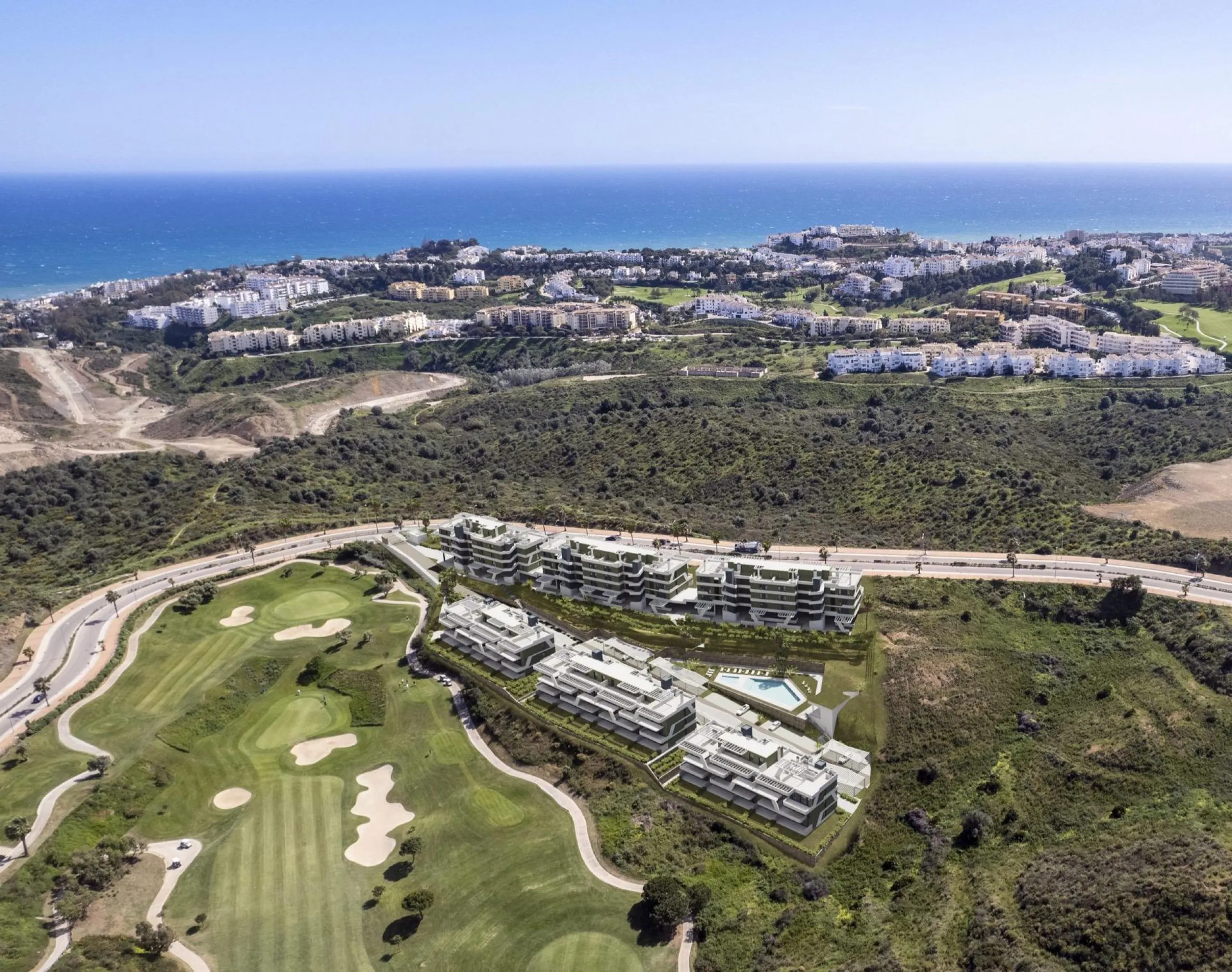 Fully fenced residential complex consisting of 6 buildings, with a total of 108 flats and penthouses of 2 and 3 bedrooms, half of them with views of the golf course and the Mijas mountain range, and the other half with incredible panoramic sea views, so y