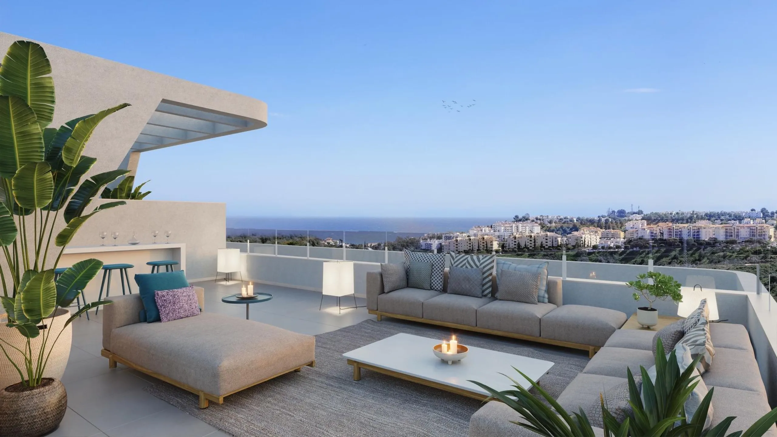 Fully fenced residential complex consisting of 6 buildings, with a total of 108 flats and penthouses of 2 and 3 bedrooms, half of them with views of the golf course and the Mijas mountain range, and the other half with incredible panoramic sea views, so y