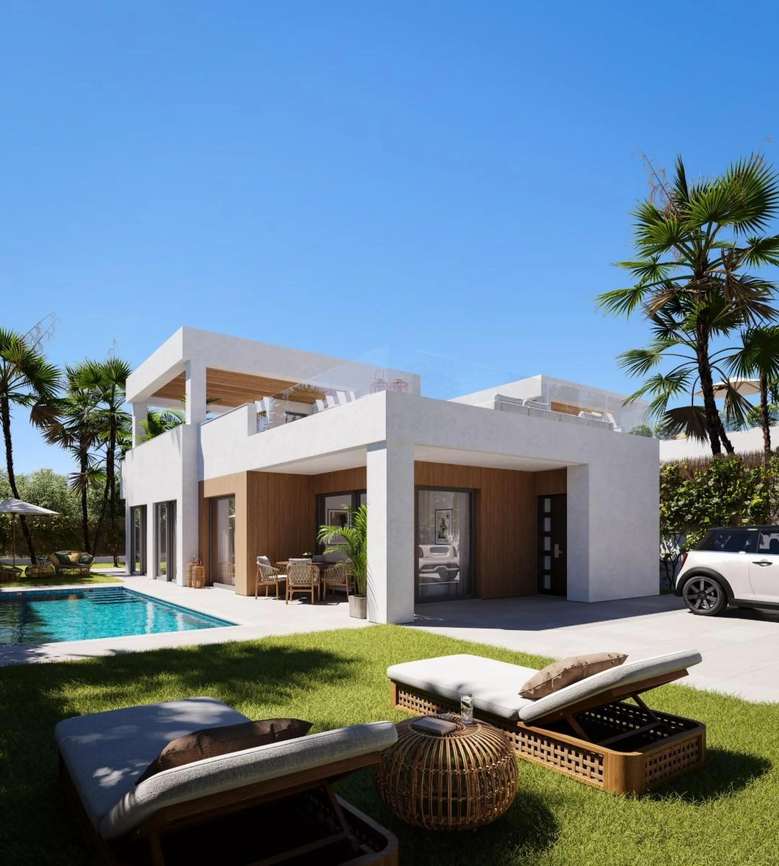 Luxury villas surrounded by green areas and golf courses