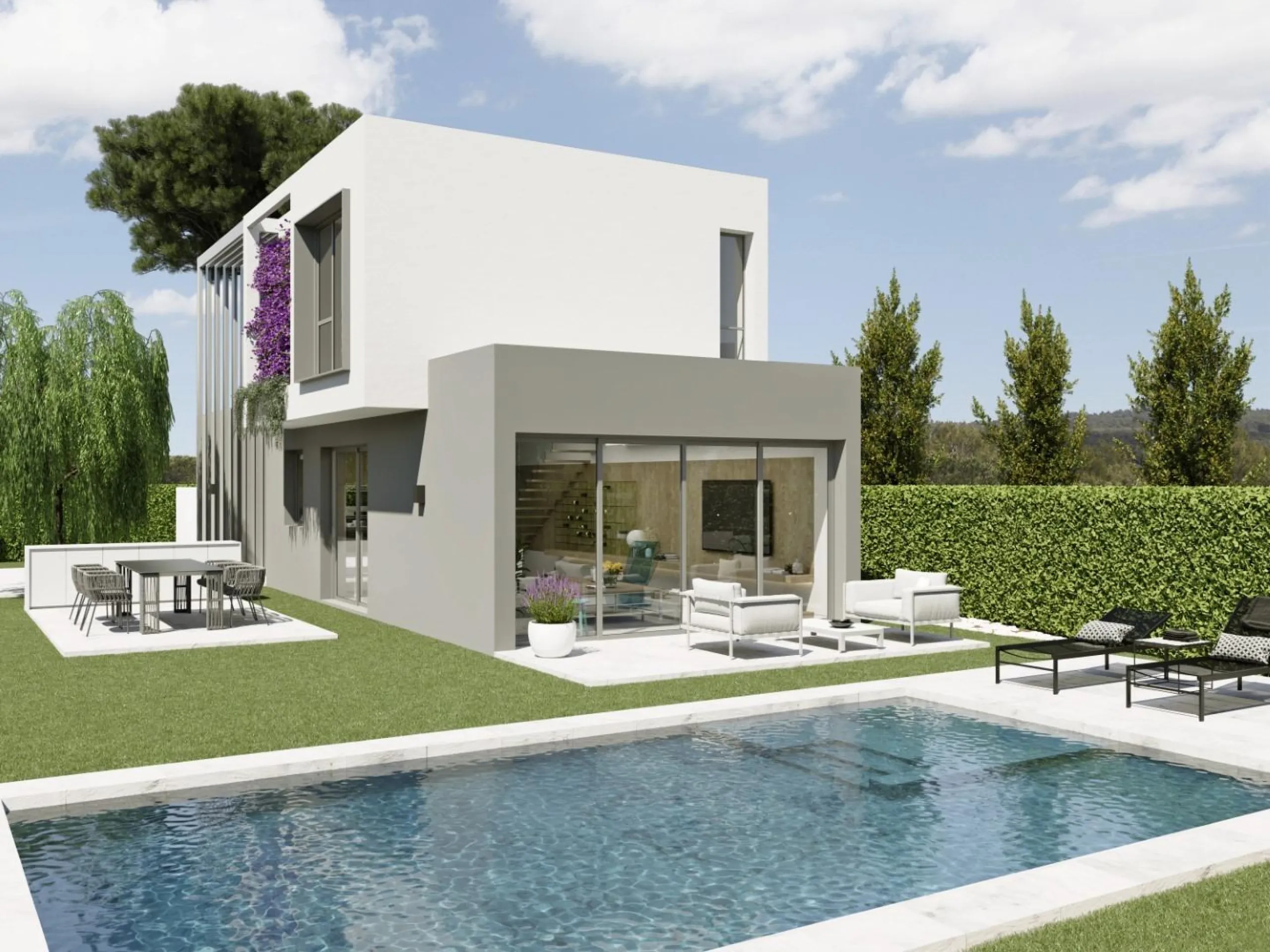Detached houses with garden and pool