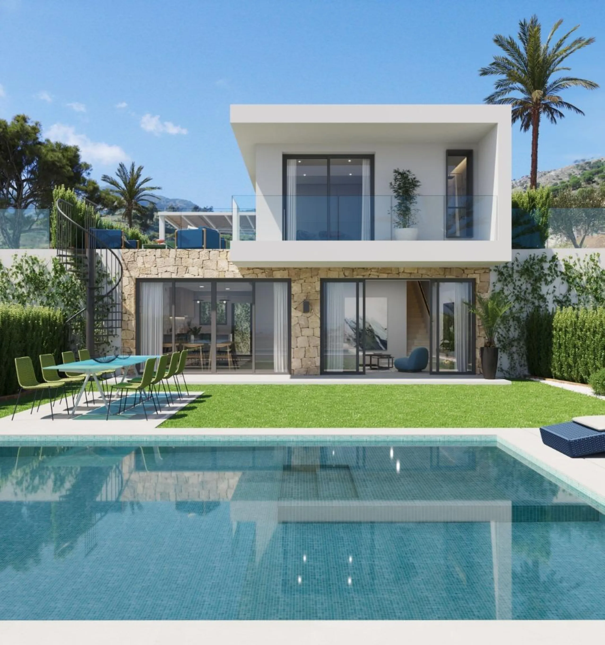 Detached houses with garden and pool
