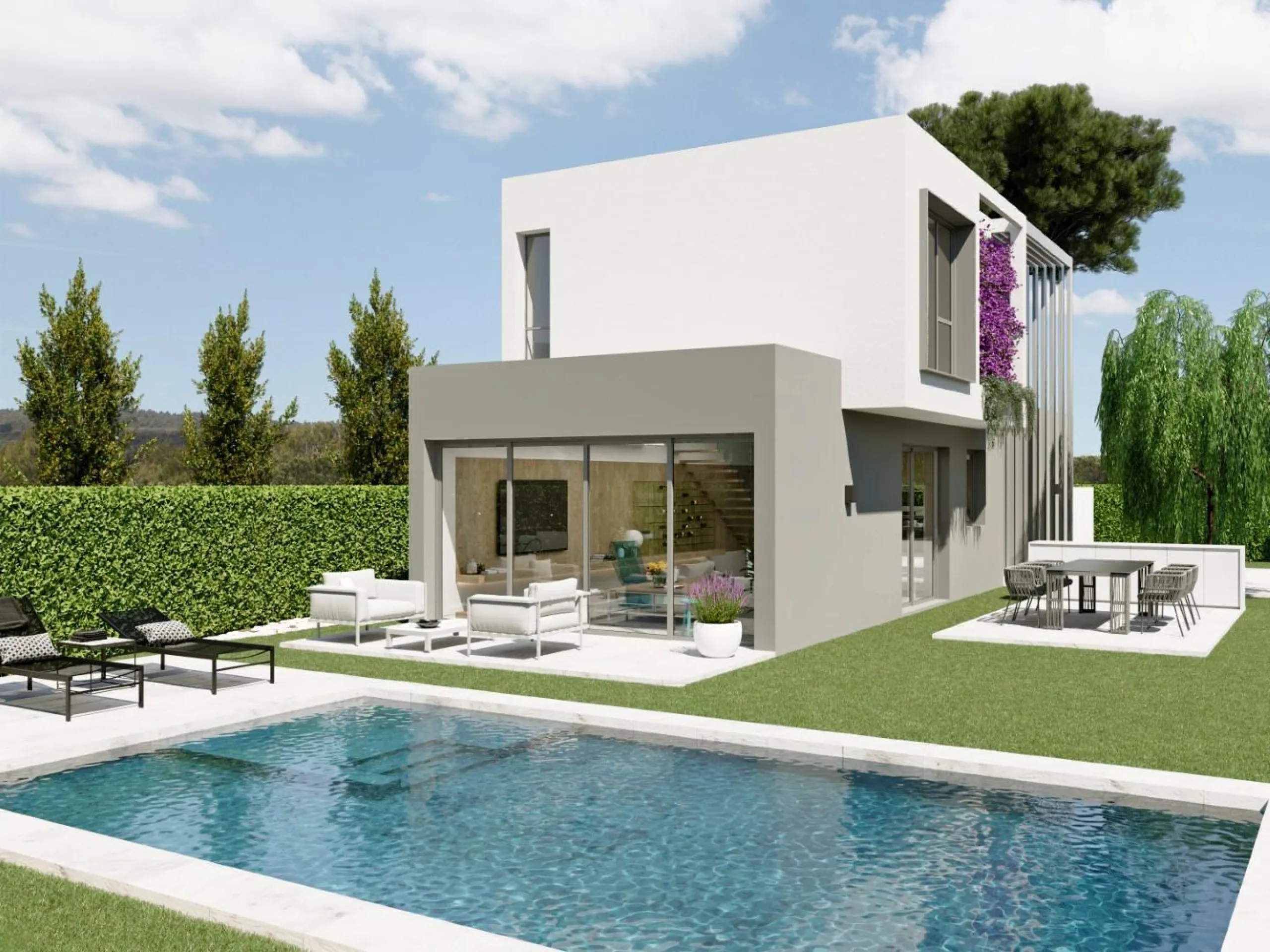 Detached houses with garden and pool