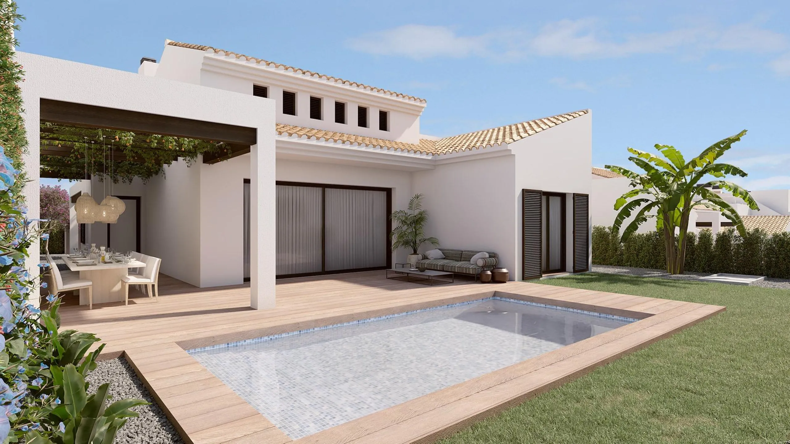 VILLAS DE UNA PLANTA EN ALGORFA. 3 DOR. 2 BAÑOS. 135 M2 DE CASA. 437 DE PARLELA. PISCINA PROPIA.