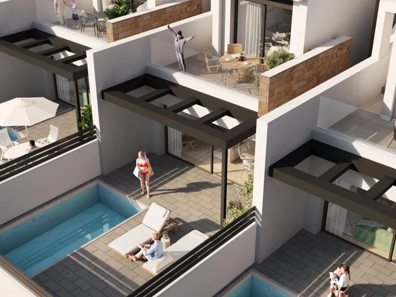 CHALET ADOSADO EN AGUAS NUEVAS CON PISCINA PRIVADA. 3 DORM. 3 BAÑOS. 115 M2.