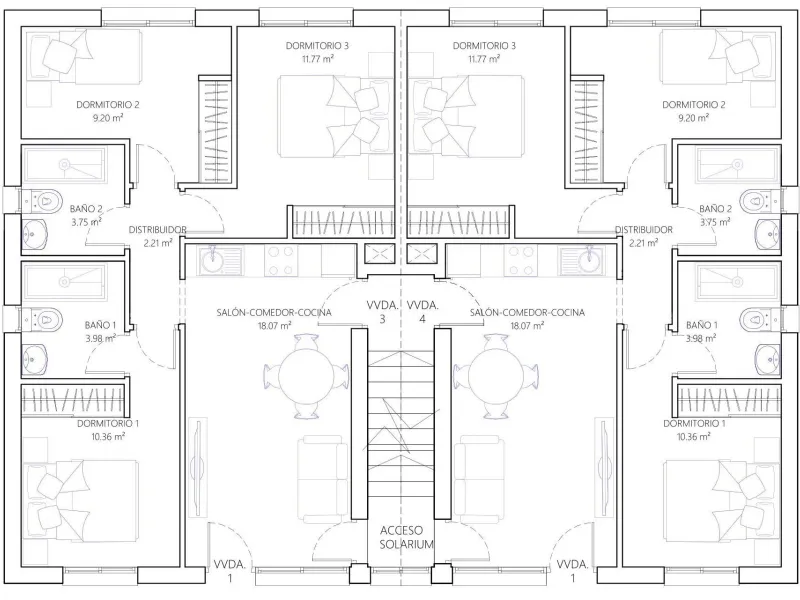 OBRA NUEVA! BUNGALOW EN PLANTA ALTA CON SOLARIUM PRIVADO DE 63 M2. 3 DORM. 2 BAÑOS. SUPERFICIE 71 M2.