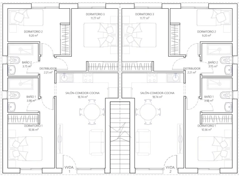 OBRA NUEVA! BUNGALOW EN PLANTA ALTA CON SOLARIUM PRIVADO DE 63 M2. 3 DORM. 2 BAÑOS. SUPERFICIE 71 M2.