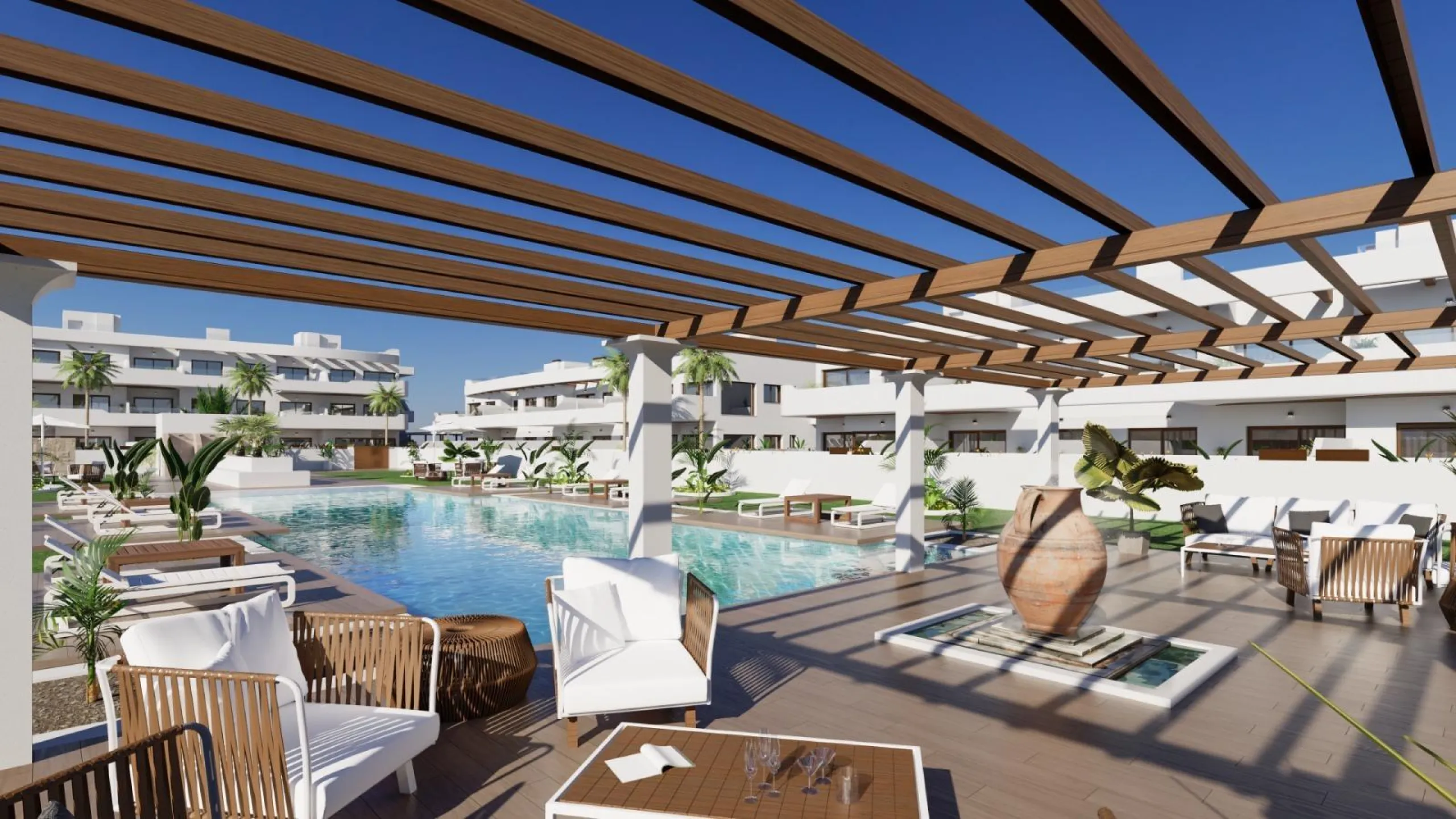 OBRA NUEVA EN LOS ALCÁZARES CON VISTAS AL MAR NENOR. BUNGALOWS PLANTA BAJA Y ALTA. 2 DORM. 2 BAÑOS. PARKING Y PISCINA.