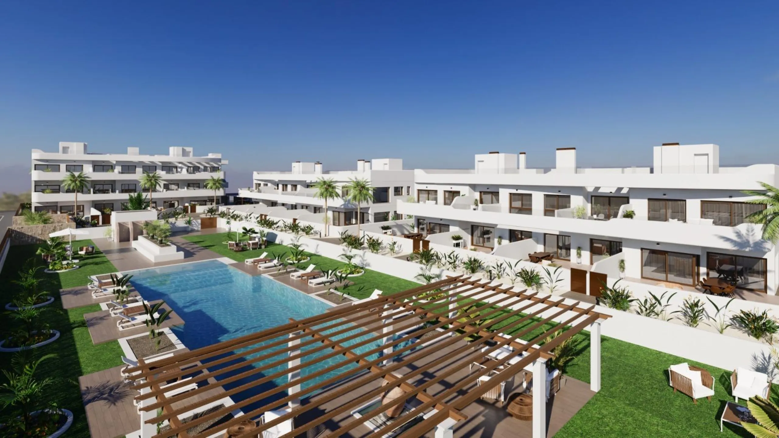 OBRA NUEVA EN LOS ALCÁZARES CON VISTAS AL MAR NENOR. BUNGALOWS PLANTA BAJA Y ALTA. 2 DORM. 2 BAÑOS. PARKING Y PISCINA.