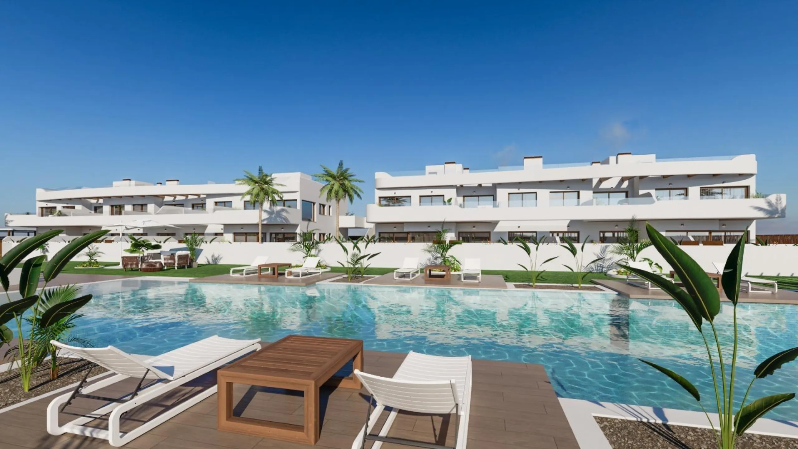 OBRA NUEVA EN LOS ALCÁZARES CON VISTAS AL MAR NENOR. BUNGALOWS PLANTA BAJA Y ALTA. 2 DORM. 2 BAÑOS. PARKING Y PISCINA.