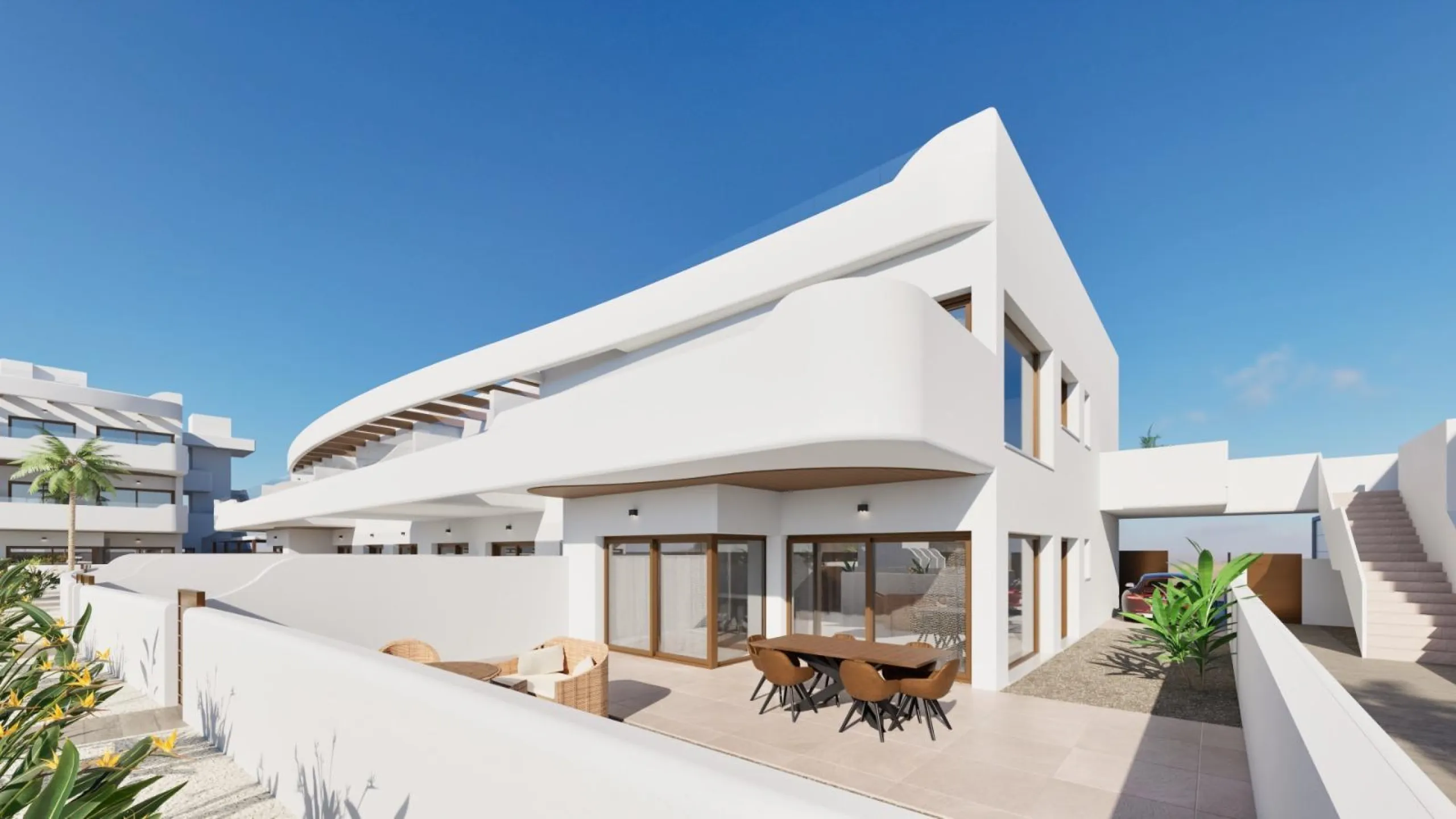 OBRA NUEVA EN LOS ALCÁZARES CON VISTAS AL MAR NENOR. BUNGALOWS PLANTA BAJA Y ALTA. 2 DORM. 2 BAÑOS. PARKING Y PISCINA.