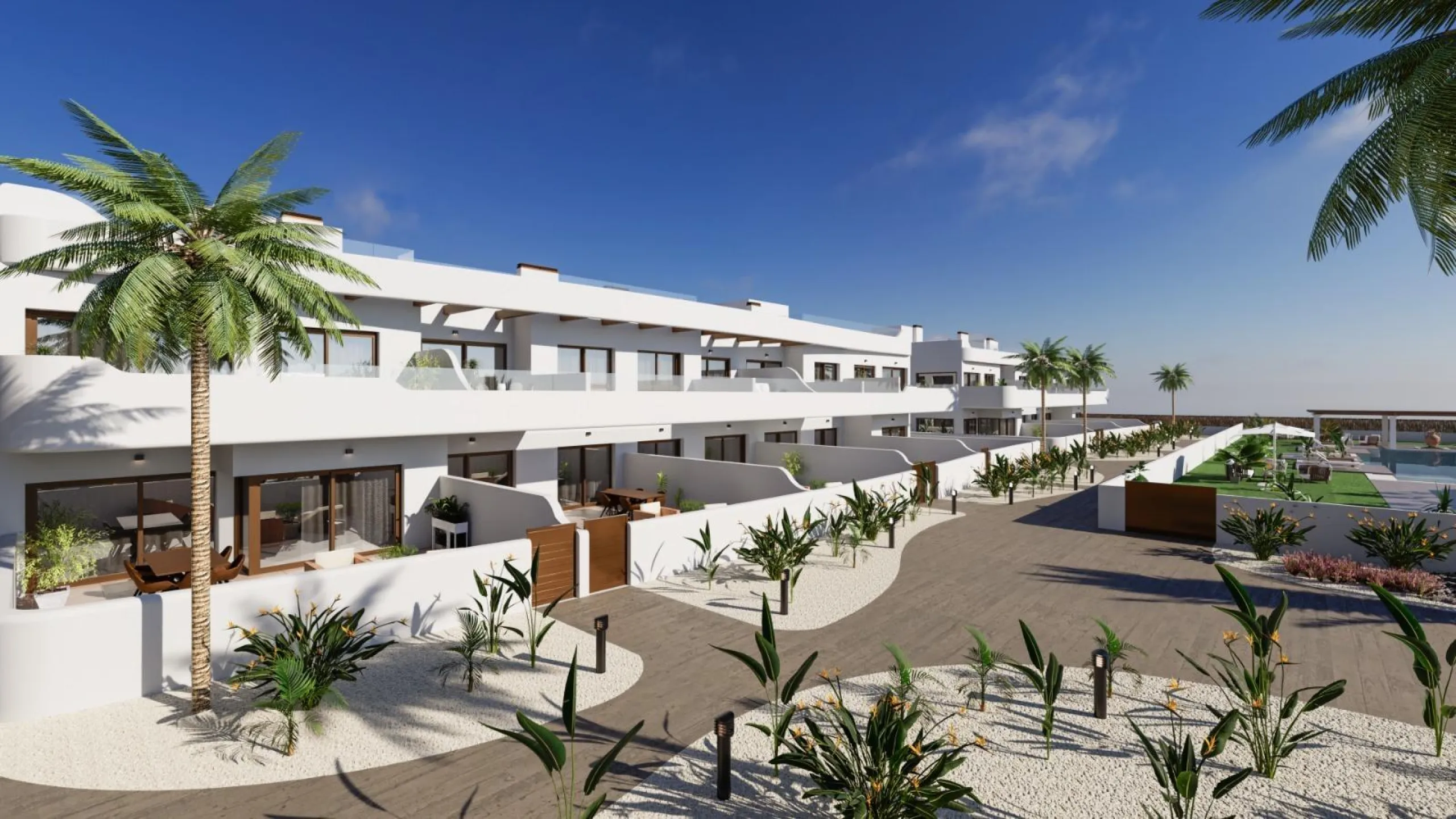 OBRA NUEVA EN LOS ALCÁZARES CON VISTAS AL MAR NENOR. BUNGALOWS PLANTA BAJA Y ALTA. 2 DORM. 2 BAÑOS. PARKING Y PISCINA.