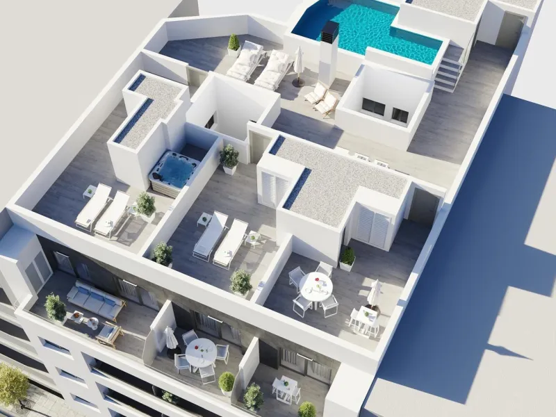 NEW PROJECT "SUN BAY" WITH COMMUNITY POOL AND PARKING SPACES 150 METERS FROM TORREVIEJA BEACH.