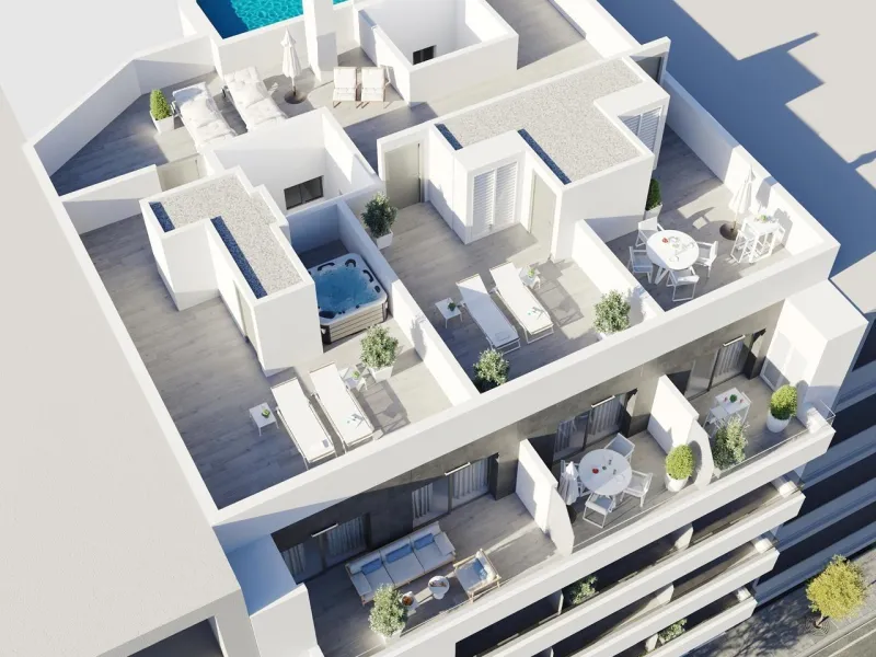 NEW PROJECT "SUN BAY" WITH COMMUNITY POOL AND PARKING SPACES 150 METERS FROM TORREVIEJA BEACH.