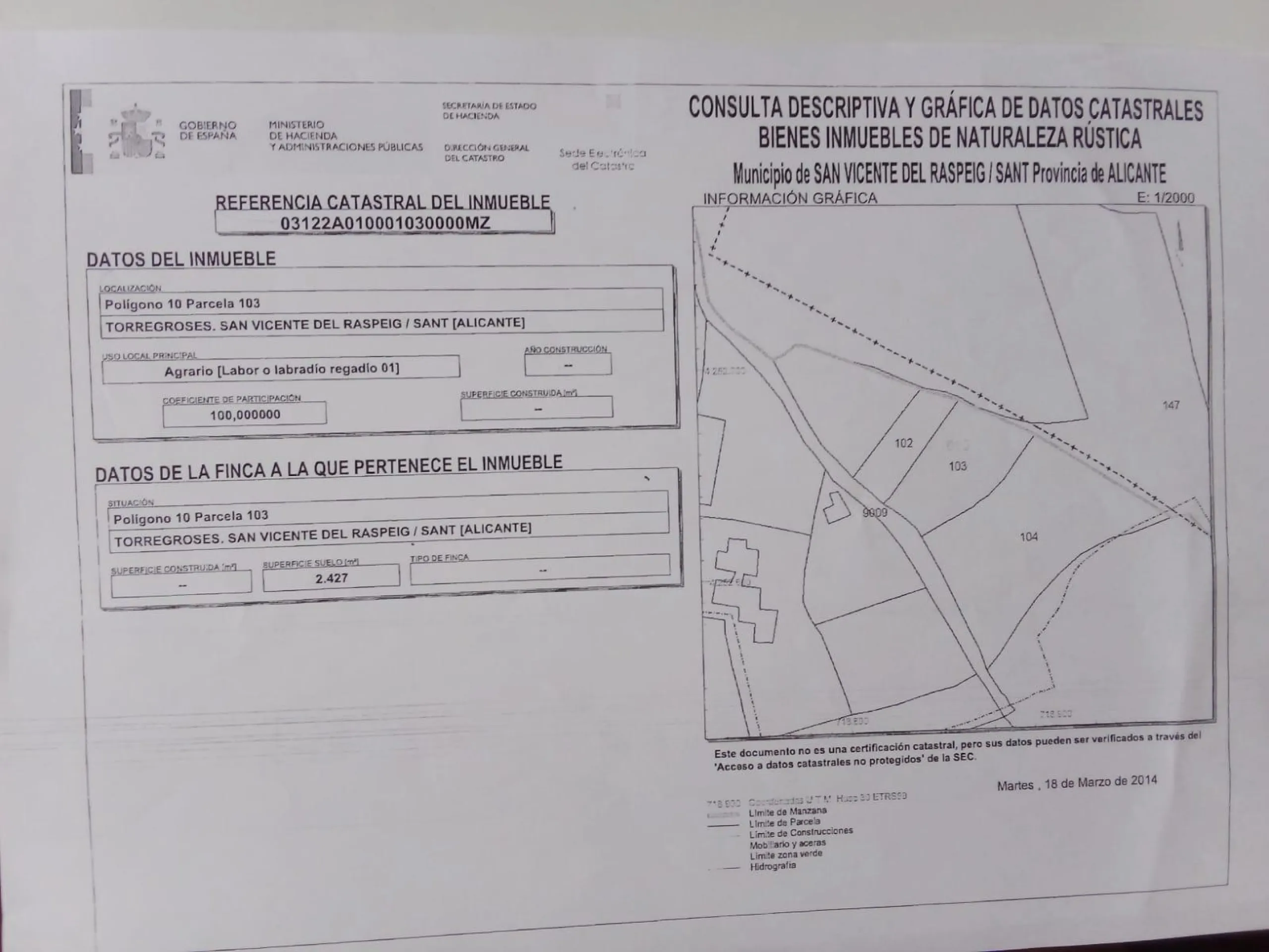 Parcela Rústica en San Vicente del Raspeig