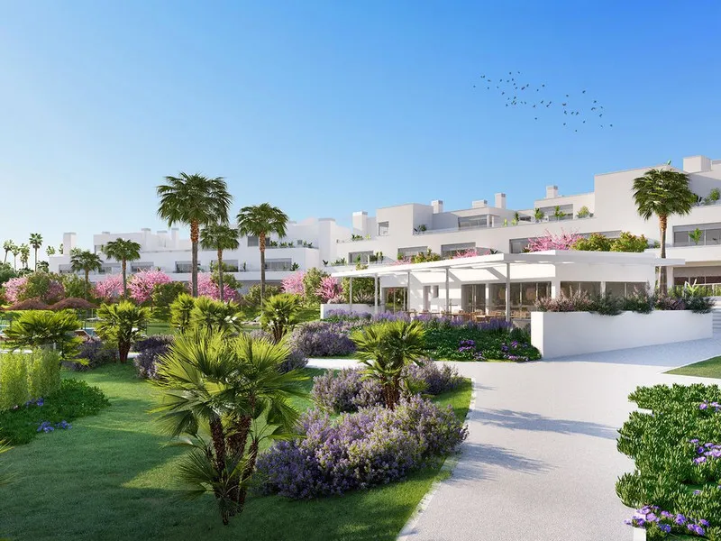 Two-bedroom, two-bathroom apartment in the sought-after Acqua Gardens complex, on Estepona's New Golden Mile. This first-floor apartment offers 87 m² of living space and a magnificent 21 m² west-facing terrace, perfect for enjoying sunsets and the Costa d