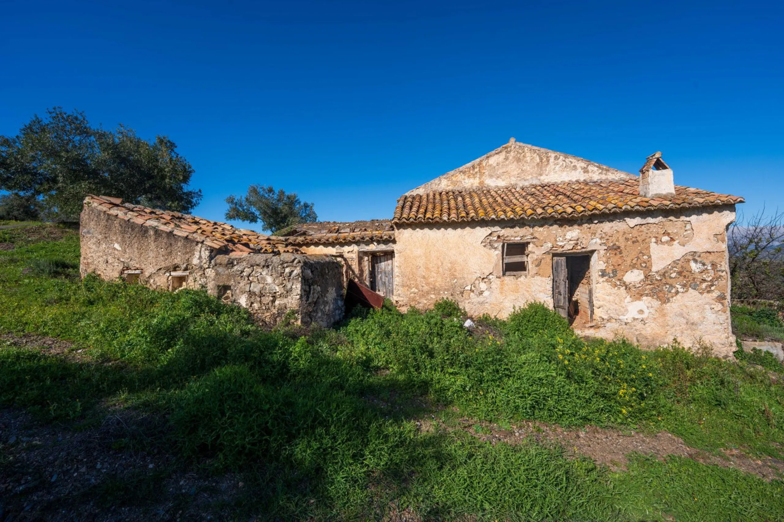 Imagine a place where time seems to stand still—a vast, quiet estate that breathes history in every corner. Two old houses in ruins rise gently from the land, their weathered walls worn by the years yet still standing strong, as if waiting for someone to 