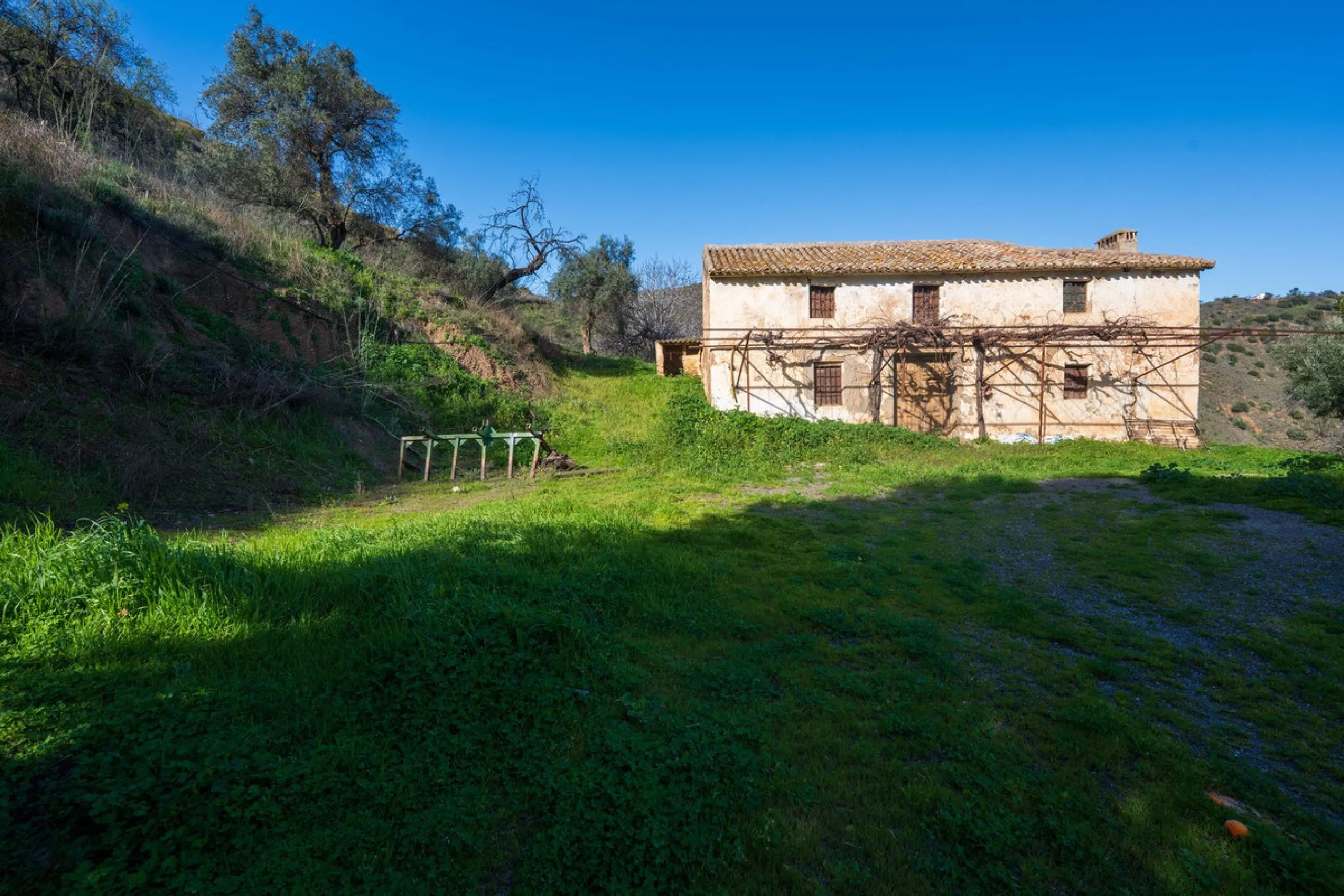 Imagine a place where time seems to stand still—a vast, quiet estate that breathes history in every corner. Two old houses in ruins rise gently from the land, their weathered walls worn by the years yet still standing strong, as if waiting for someone to 