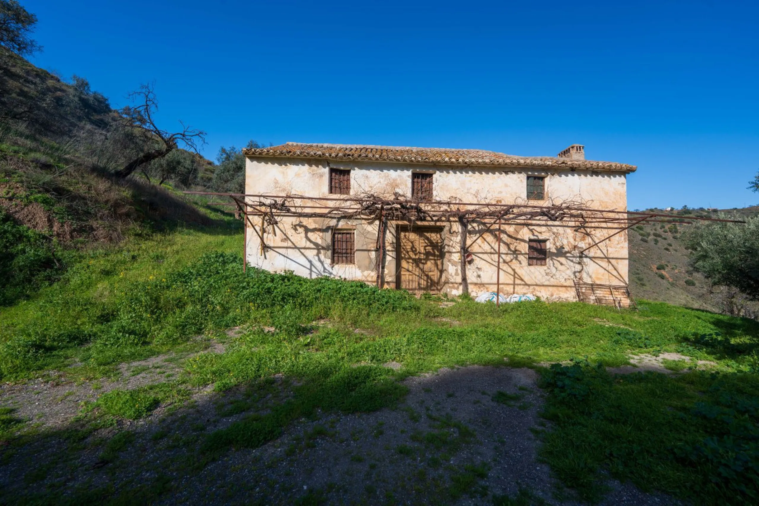 Imagine a place where time seems to stand still—a vast, quiet estate that breathes history in every corner. Two old houses in ruins rise gently from the land, their weathered walls worn by the years yet still standing strong, as if waiting for someone to 