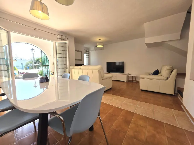 This beautiful 3 bed townhouse is located in a fantastic area, walking distance to all amenities and the beach. The house is Andalucian in style, built over 3 levels and sold fully furnished. On the ground level you are greeted by an entrance hall and lar
