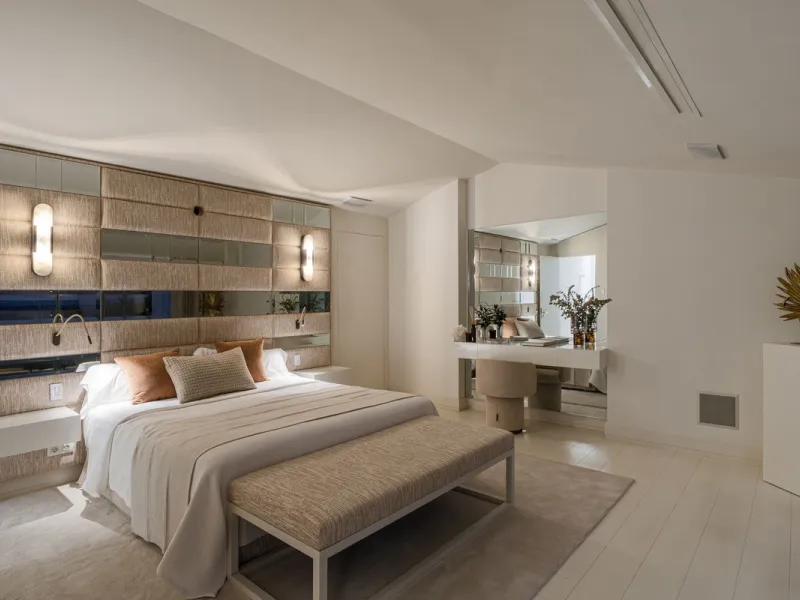 A semi-detached villa in the urbanisation, four bedrooms, four bathrooms, arranged with intent rather than habit: basement level below, an entrance floor with three en-suite bedrooms and a calm water feature setting the tone, a first floor dedicated entir