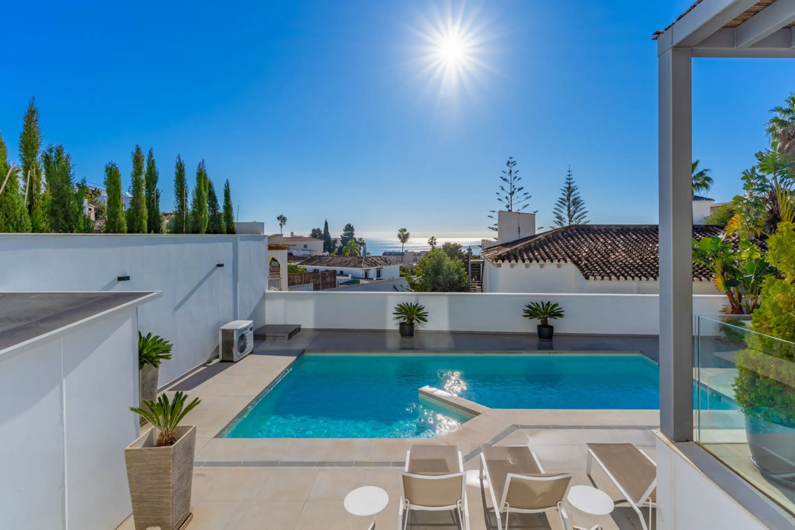 Contemporary villa with Scandinavian style, heated swimming pool, sauna and sea views in Fuengirola