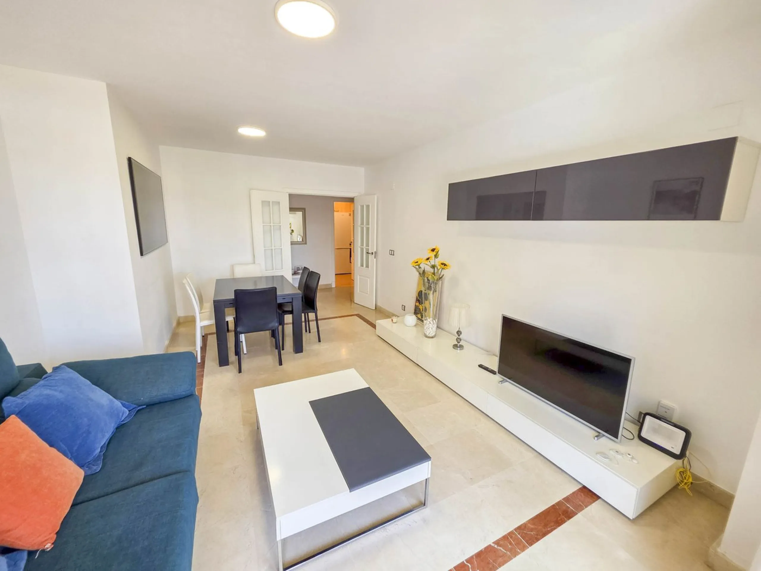 2-bedroom beachfront apartment with terrace, sea views, gardens, and pool, in the best urbanization of Sabinillas, in an unbeatable location within walking distance of all amenities.