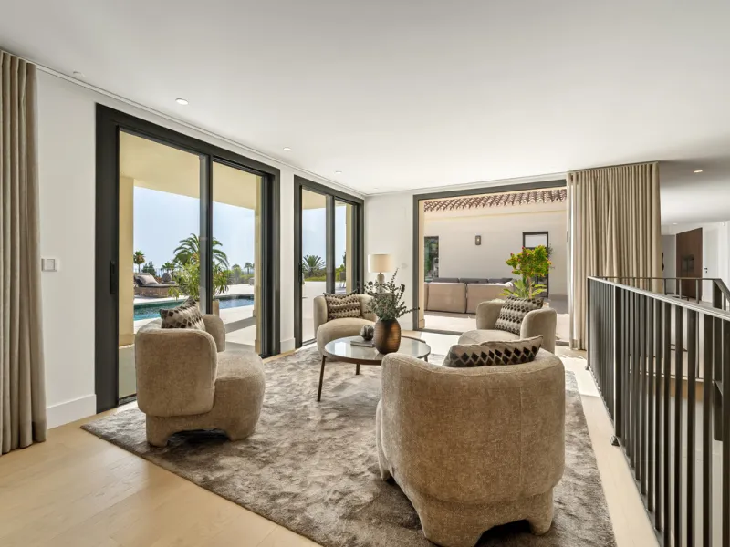 Villa Rocío is a fully renovated Andalusian-style residence located in Rocío de Nagüeles on Marbella's prestigious Golden Mile. Set on a 1,965m² south-facing plot beneath La Concha, the property enjoys open views of the Mediterranean. Modernised in 2025, 
