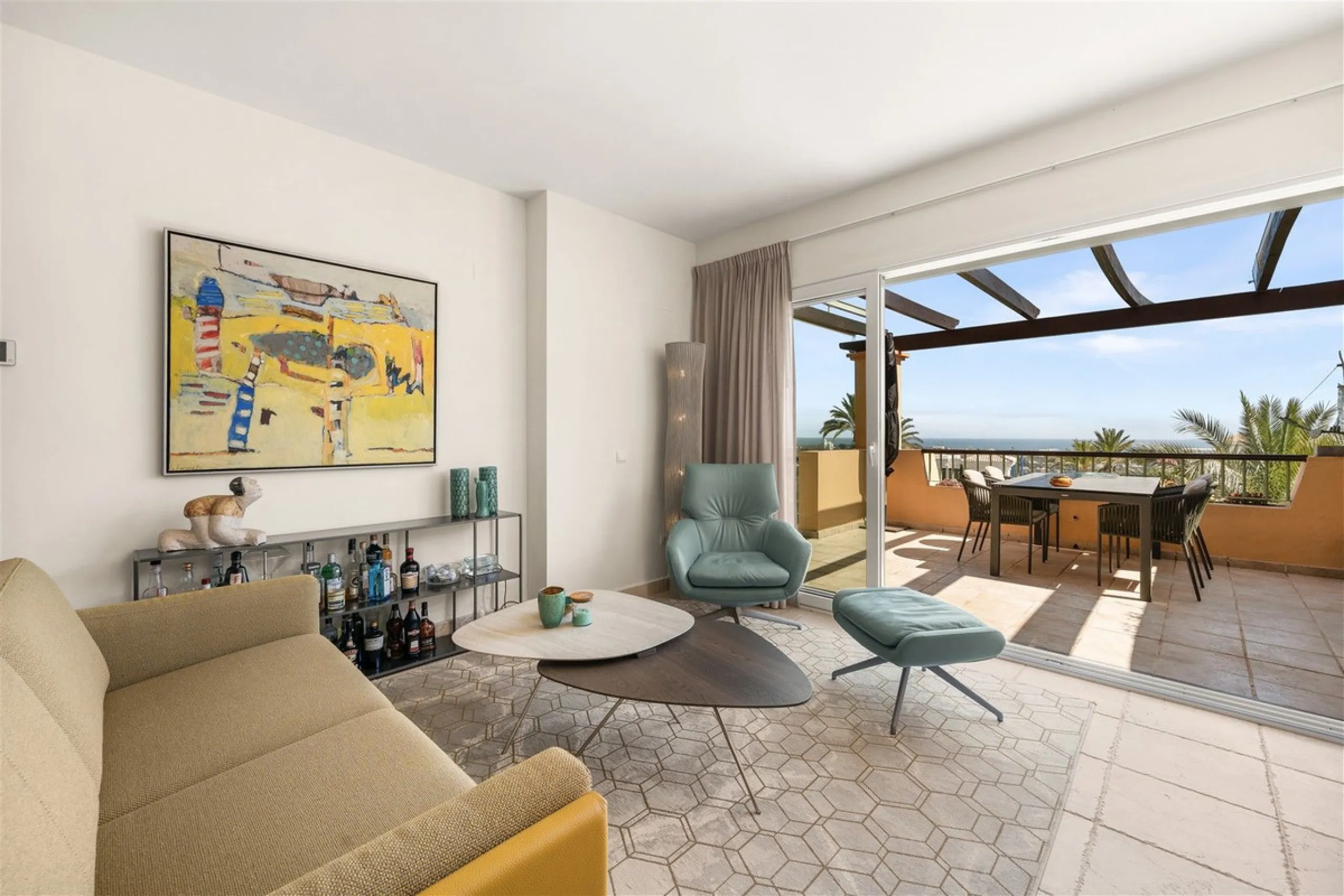 Exceptional panoramic duplex penthouse is located in the prestigious Los Flamingos Golf Resort and offers four bedrooms and two and a half bathrooms, beautifully presented in a refined modern rustic style.