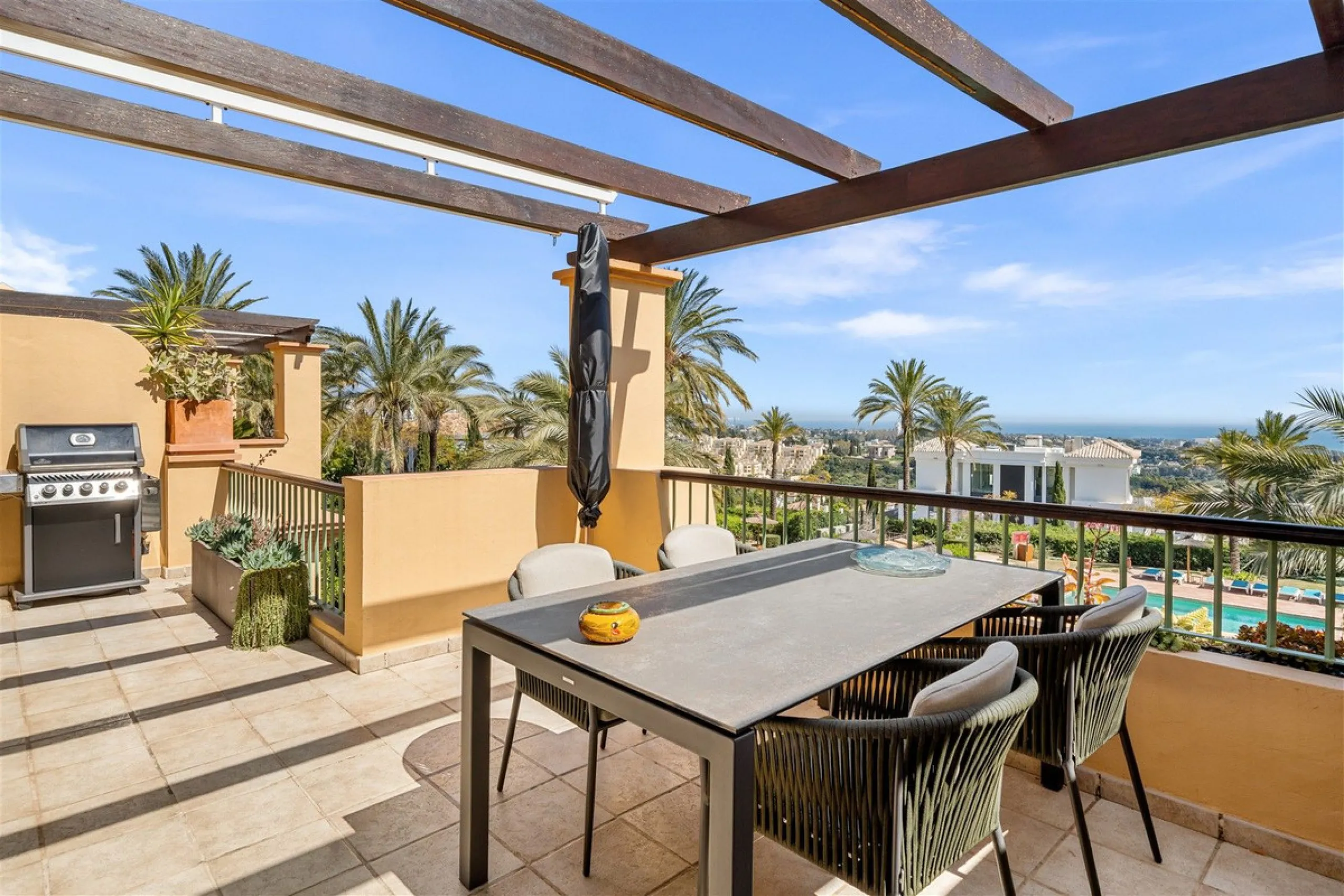 Exceptional panoramic duplex penthouse is located in the prestigious Los Flamingos Golf Resort and offers four bedrooms and two and a half bathrooms, beautifully presented in a refined modern rustic style.
