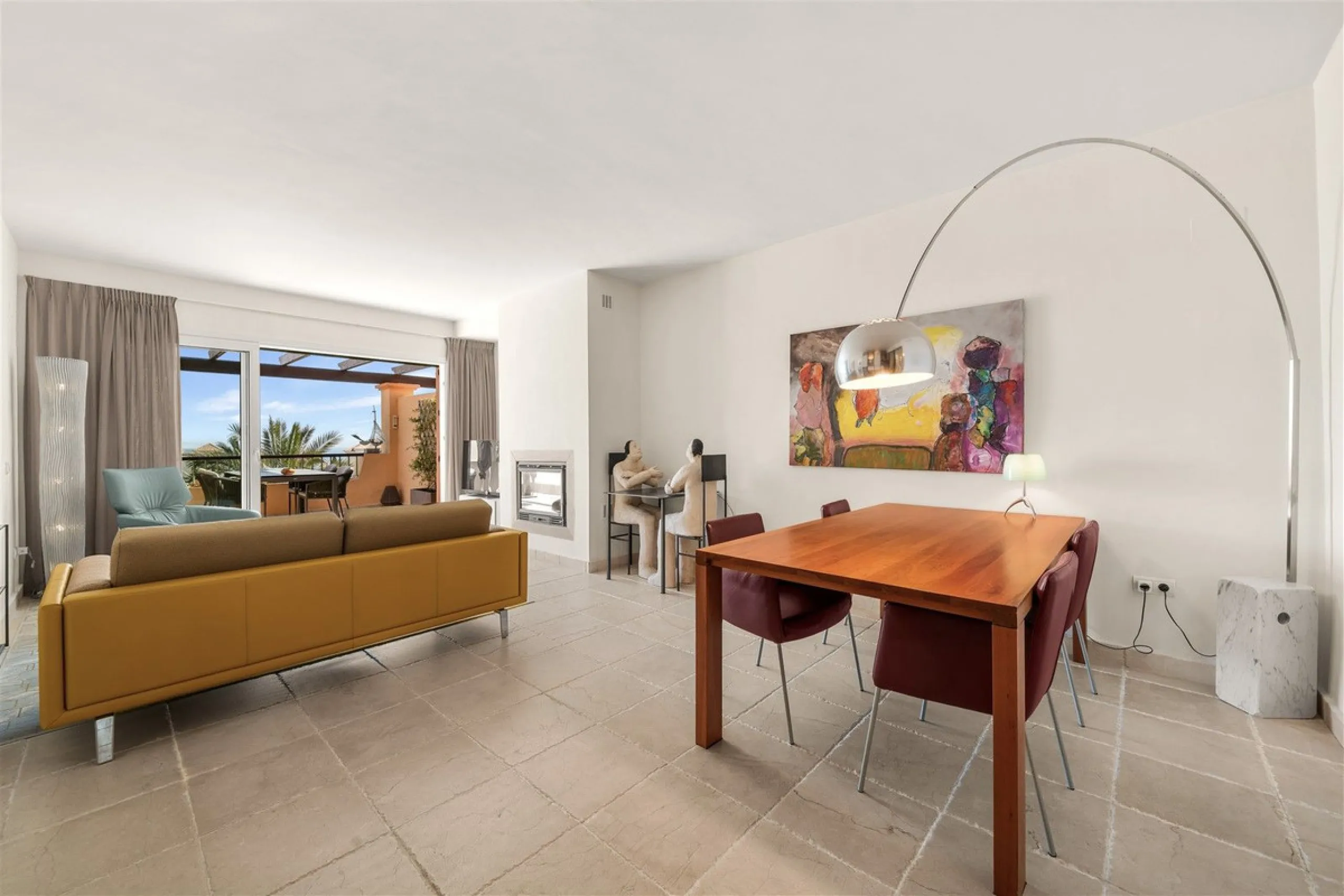 Exceptional panoramic duplex penthouse is located in the prestigious Los Flamingos Golf Resort and offers four bedrooms and two and a half bathrooms, beautifully presented in a refined modern rustic style.