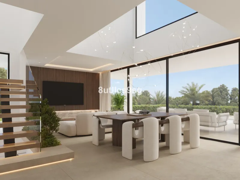 This contemporary villa is located in Atalaya, Estepona East, Malaga, offering a prime setting close to a range of amenities. The property stands out for its generous dimensions, with a built area of 575m², a terrace of 254m², and a plot size of 555m². Ke