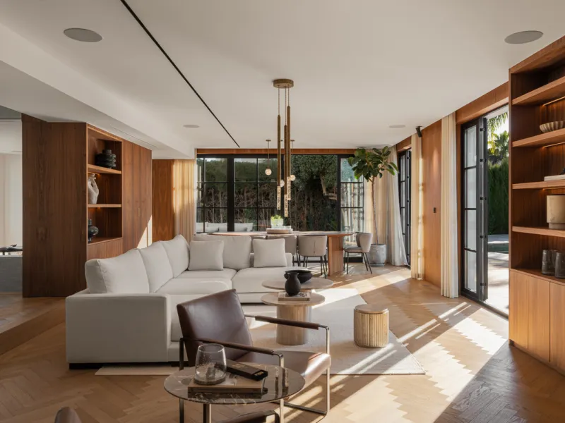 A four-bedroom villa in Nueva Andalucía with open golf and sea views, arranged over multiple levels with a garden-level pool, integrated outdoor kitchen, generous terraces and a private garage.