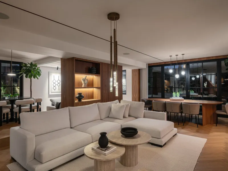 A four-bedroom villa in Nueva Andalucía with open golf and sea views, arranged over multiple levels with a garden-level pool, integrated outdoor kitchen, generous terraces and a private garage.